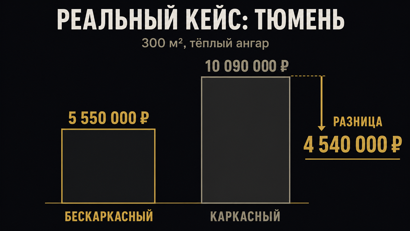 Реальный кейс Тюмень: бескаркасный ангар 5 550 000 ₽ vs каркасный 10 090 000 ₽, разница 4 540 000 ₽