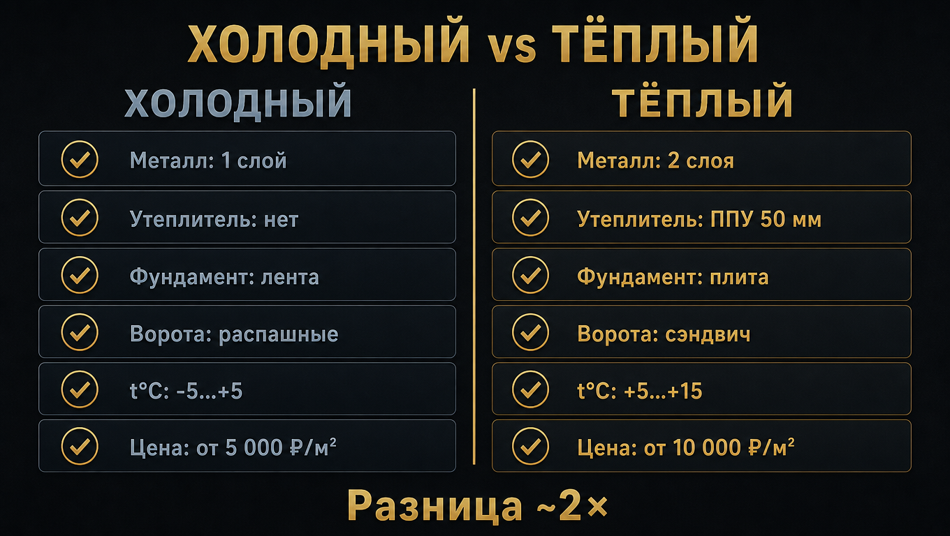 Сравнение холодного и тёплого ангара: цена, утеплитель, температура - разница ~2×
